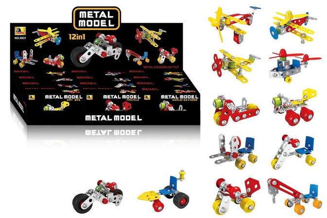 Stavebnice dopravní prostředek kov/plast v krabičce 11x6cm mix druhů 12ks v boxu