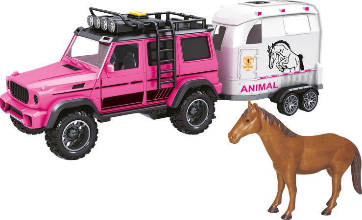 CITY SERVICE CAR - 1:14 - Růžové terénní vozidlo s přívěsem a koněm (se zvukem a světly)