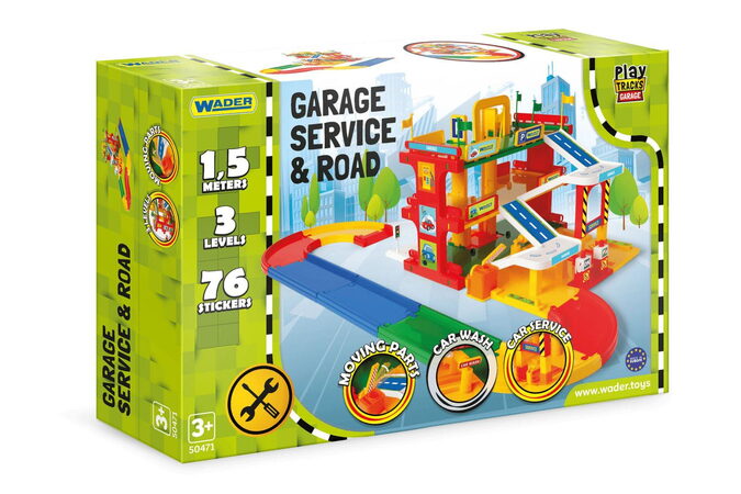 Garáž servis 3 patra + dráha 1,5m + 2 auta plast v krabici 59x40x15cm  Wader