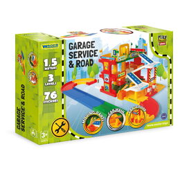 Garáž servis 3 patra + dráha 1,5m + 2 auta plast v krabici 59x40x15cm  Wader