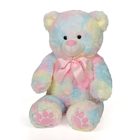 Plyšový medvěd sedící duhový s růžovou mašlí 60 cm