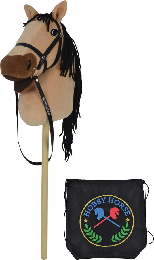 Béžový kůň na tyči 73 cm, s černým batohem, se zvukem koně