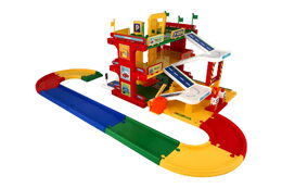 Garáž servis 3 patra + dráha 1,5m + 2 auta plast v krabici 59x40x15cm  Wader