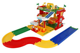 Garáž servis 3 patra + dráha 1,5m + 2 auta plast v krabici 59x40x15cm  Wader