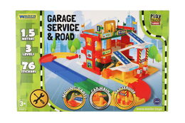 Garáž servis 3 patra + dráha 1,5m + 2 auta plast v krabici 59x40x15cm  Wader