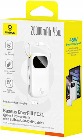 Powerbanka Baseus EnerFill FC31 Qpow 3 20000mAh, 45W, s kabelem USB-C a Lightning bílá
