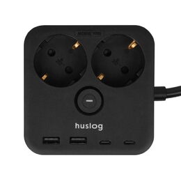Nabíjecí stanice Huslog 15W 2xzásuvka, 2xUSB-C, 2xUSB, 1x držák na telefon černá