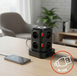 Nabíjecí stanice Huslog 15W 8xzásuvka, 1xUSB-C, 3xUSB, 1x LED světlo černá