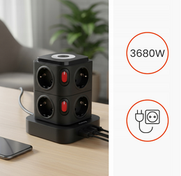 Nabíjecí stanice Huslog 15W 8xzásuvka, 1xUSB-C, 3xUSB, 1x LED světlo černá