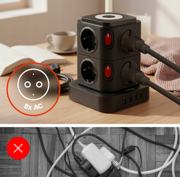 Nabíjecí stanice Huslog 15W 8xzásuvka, 1xUSB-C, 3xUSB, 1x LED světlo černá