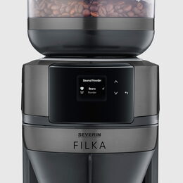Kávovar Severin, KA 4854, automatický, filtrační, skleněná konvice, integrovaný
mlýnek, digitální dotykový displej, zlatý filtr, 1520 W