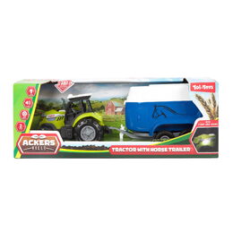 Traktor s přepravníkem na koně plast 24cm na volný chod na baterie se světlem, zvukem 2 barvy v krab