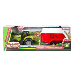 Traktor s přepravníkem na koně plast 24cm na volný chod na baterie se světlem, zvukem 2 barvy v krab