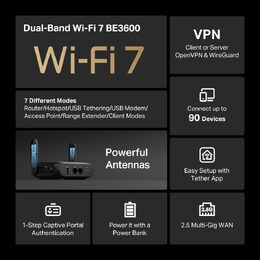 WiFi router TP-Link TL-WR3602BE cestovní, BE3600, WiFi 7, 1x 2,5GWAN, 1x GLan, USB, 2,4/5GHz