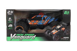Auto RC Buggy rychlostní 2,4GHz plast 40cm dobíjecí pack+baterie oranžové-modré v krabici 42x21x28cm