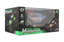 Auto RC Buggy rychlostní 2,4GHz plast 40cm dobíjecí pack+baterie oranžové-modré v krabici 42x21x28cm