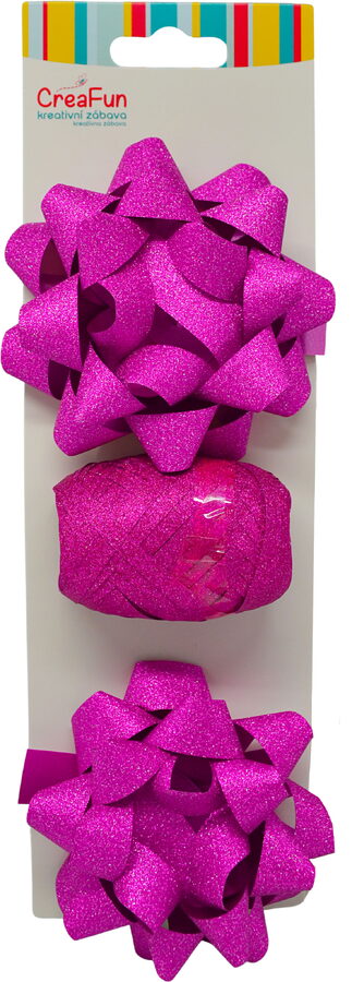 Třpytivá dárková balicí sada, světle růžová (stuha 10 m + 2x mašle hvězda 9 cm)