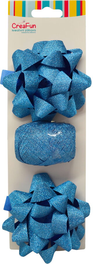 Třpytivá dárková balicí sada, modrá (stuha 10 m + 2x mašle hvězda 9 cm)