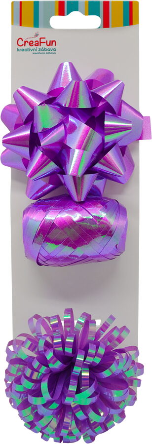 Dárková sada fialová duhově lesklá, 3 ks (stuha 10 m + 2 mašle)