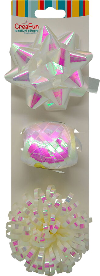 Dárková sada bílá duhově lesklá, 3 ks (stuha 10 m + 2 mašle)