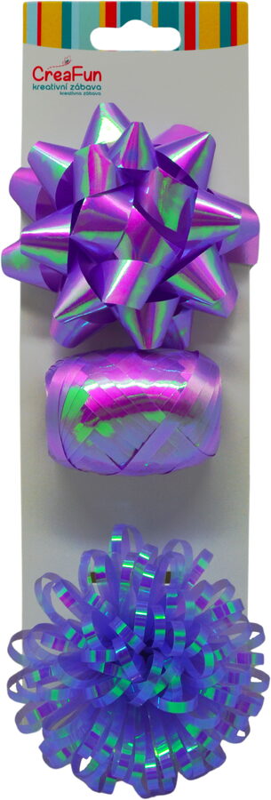 Dárková sada šeříková duhově lesklá, 3 ks (stuha 10 m + 2 mašle)