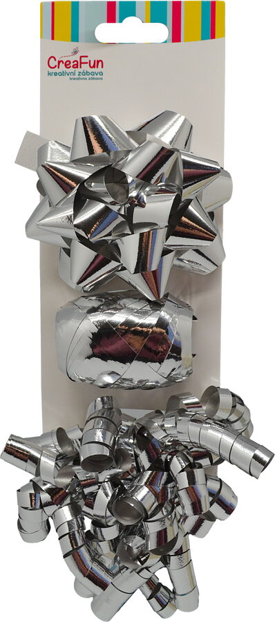 Dárková sada metalická stříbrná, 3 ks (mašle 9 cm, stuha 10 m, mašlička 6 mm)