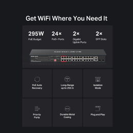 Switch TP-Link Mercusys MS128GP 2x GLAN, 24x GLAN s PoE+, 2x SFP, 295W