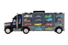 Auto kamion přepravník + dopravní prostředky 14ks plast 57cm na volný chod v krabici 59x22x13cm