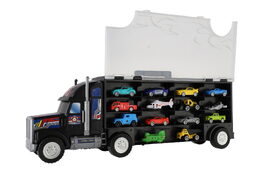 Auto kamion přepravník + dopravní prostředky 14ks plast 57cm na volný chod v krabici 59x22x13cm