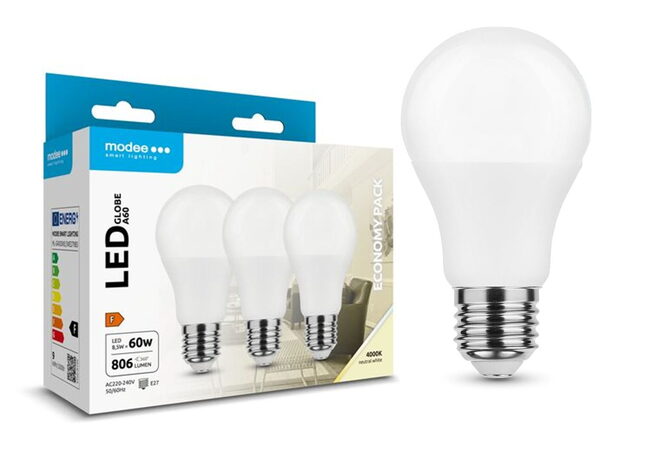 Modee E27 8,5W A60 LED 3ks Economy pack studená 4000K