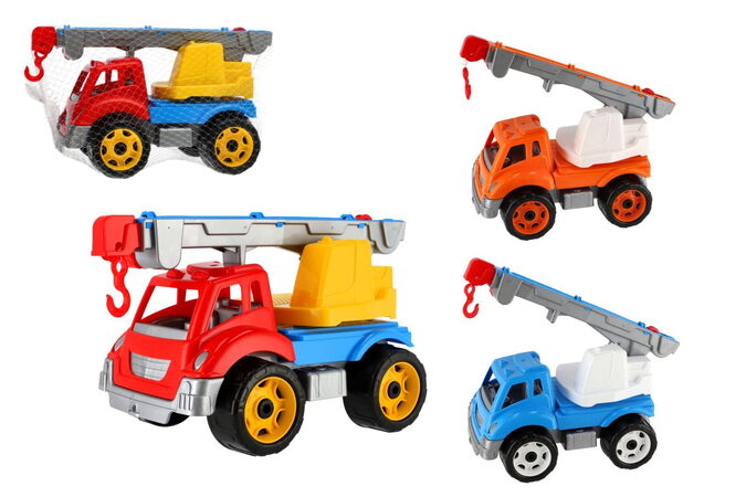 Auto stavební jeřáb plast 3 barvy v síťce 19x21x36 cm
