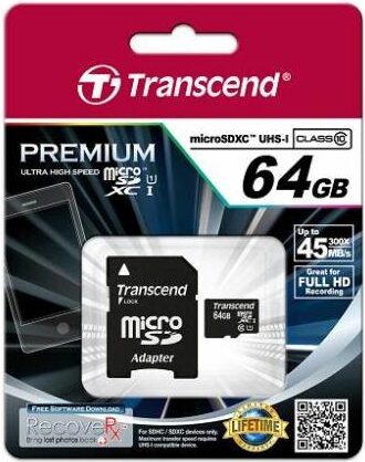 Paměťová karta Transcend MicroSDXC Premium 64GB UHS-I U1 (45MB/s) + adapter (TS64GUSDU1)