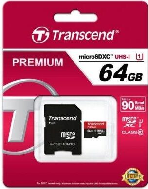 Paměťová karta Transcend MicroSDXC Premium 64GB UHS-I U1 (45MB/s) + adapter (TS64GUSDU1)