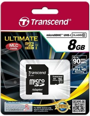 Paměťová karta Transcend MicroSDHC 8GB UHS-I U1 (90MB/s) + adapter (TS8GUSDHC10U1)