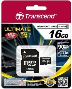 Paměťová karta Transcend MicroSDHC 16GB UHS-I U1 (90MB/s) + adapter (TS16GUSDHC10U1)