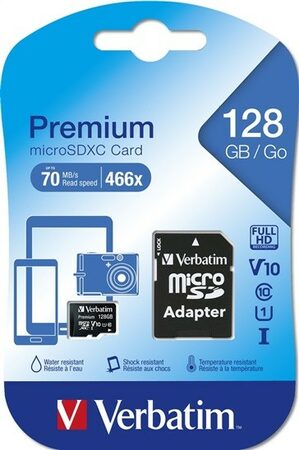 Paměťová karta Verbatim Premium microSDXC 128GB UHS-I V10 U1 (90R/10W) + adaptér