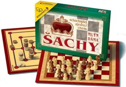 Šachy, dáma, mlýn společenská hra v krabici 35x23x4cm