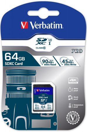 Paměťová karta Verbatim Pro SDXC 64GB UHS-I V30 U3 (90R/45W)