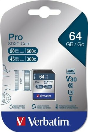 Paměťová karta Verbatim Pro SDXC 64GB UHS-I V30 U3 (90R/45W)