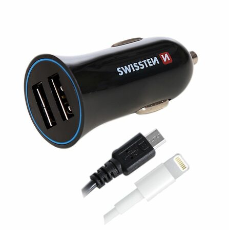 SWISSTEN nabíječ 2xUSB 12V/2,4A ČERNÁ + Lightning a micro USB kabel