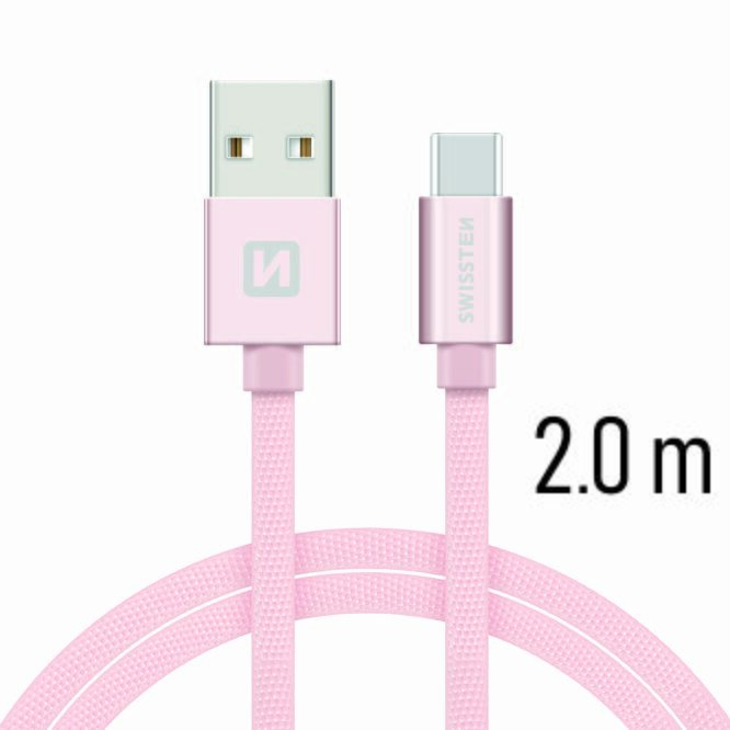 SWISSTEN kabel USB USB-C textilní 2m 3A růžová