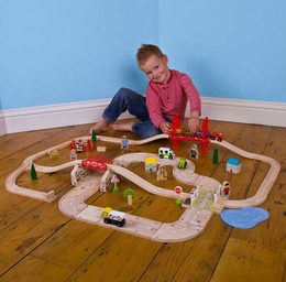 Bigjigs Rail Dřevěná vláčkodráha s venkovskou cestou 80 dílů