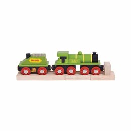 Bigjigs Rail Zelená lokomotiva s tendrem + 3 koleje