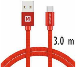 SWISSTEN kabel USB USB-C textilní 3m 3A červená