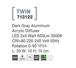 Svítidlo Nova Luce TWIN 713122 WALL GREY nástěnné, IP 54, 8 W