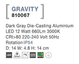 Svítidlo Nova Luce 810067 GRAVITY WALL GREY nástěnné, IP 54, 12 W