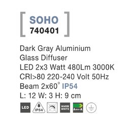 Svítidlo Nova Luce 740401 SOHO WALL GREY nástěnné, IP 54, 2x5 W
