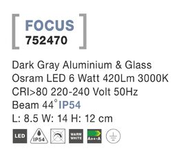 Svítidlo NOVA LUCE FOCUS 752470 WALL GREY nástěnné, IP 54, 6 W