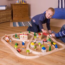 Bigjigs Rail Dřevěná vláčkodráha město a vesnice 101 dílů poškozený obal