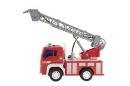 Teddies Auto hasiči stříkací vodu 20cm plast na setrvačník na bat. se zvukem se světlem v krabici 24x16x12cm